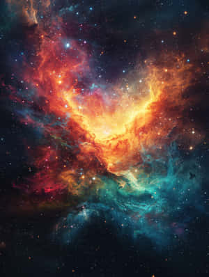 充滿活力的宇宙星雲，帶有橙色和藍綠色的雲團和太空中明亮的恆星