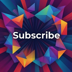 鮮明多彩的幾何形狀在深色背景上圍繞「Subscribe」一詞向外輻射。