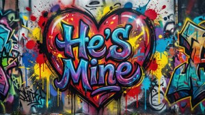 帶有心形和文字 He's Mine 的塗鴉壁畫