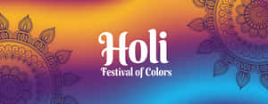 「Holi Festival of Colors」文字居中於彩色漸變上，兩側有裝飾性曼陀羅圖案。