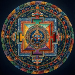 充滿活力的對稱曼陀羅，中央有一個藍色神祇面孔，帶有複雜的色彩繽紛圖案。