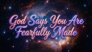 在繁星點點的太空背景上，霓虹發光文字寫著「God Says You Are Fearfully Made」。
