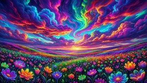 在日落時分，旋轉的彩虹天空下，一片發光的花朵田野。
