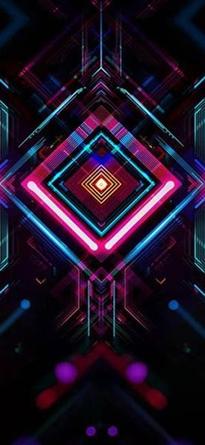 對稱的霓虹幾何圖案在黑暗的數位背景上發光。