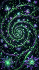 發光的霓虹綠色藤蔓和紫色花朵形成迷人的螺旋圖案。