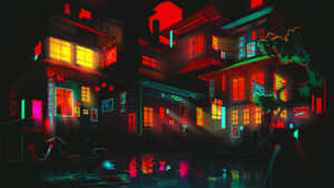霓虹燈照亮嘅日本賽博龐克建築物倒映喺雨濕嘅夜晚街道上。 — 霓虹 壁紙