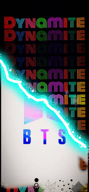 彩虹色霓虹文字「DYNAMITE」，帶有發光閃電和BTS標誌。