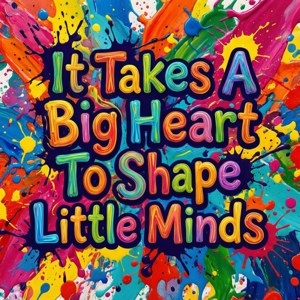 色彩繽紛嘅油漆飛濺，配以彩虹色文字，寫住 'It Takes A Big Heart To Shape Little Minds'。