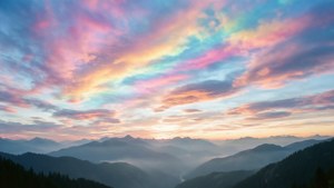 日出時分，霧氣繚繞的山脈上空，色彩斑斕的雲彩和森林覆蓋的山峰