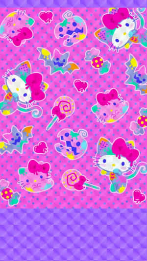 粉紅色牆紙，在圓點背景上有Hello Kitty蝙蝠和棒棒糖。 — 夜景城市 壁紙