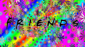 色彩繽紛的花卉圖案，帶有彩虹漸變和粗體文字 FRIENDS。