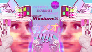 復古數位拼貼畫，包含 Windows 95 介面、故障臉孔和古典雕像。