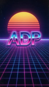 在復古數位景觀中，條紋日落下的霓虹網格，帶有發光的 ADP 文字。