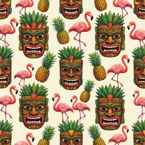 帶有火烈鳥、菠蘿和蒂基面具重複圖案的熱帶壁紙。