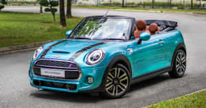 青綠色MINI Convertible停在道路上，背景有草地和樹木。 — 酷車 壁紙