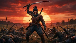 武士戰士在日落時分的戰鬥中獲勝，手持血劍，周圍是倒下的敵人