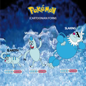 三隻Pokémon Slakoth、Vigoroth同Slaking以卡通形式喺雪山上。