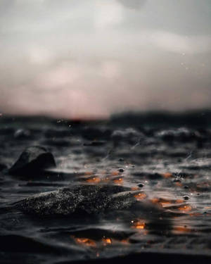 灰色天空下，岩石反射橙色夕陽光線的暗色水面