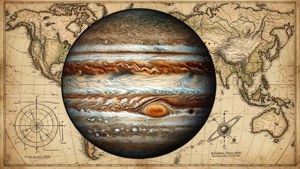 以木星和土星為中心天體，周圍環繞古老製圖的復古地圖