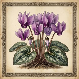 復古植物插圖，紫色仙客來花朵與綠葉在華麗框架中。