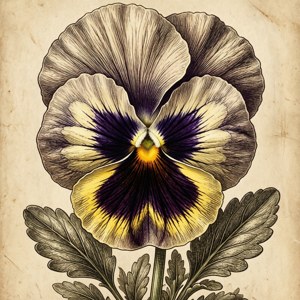 一幅詳細的復古插圖，描繪一朵紫、黃、奶油色花瓣的三色堇花，位於陳舊羊皮紙上。