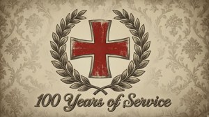 圖案牆紙上月桂花環中的紅十字標誌，附有100 Years of Service文字