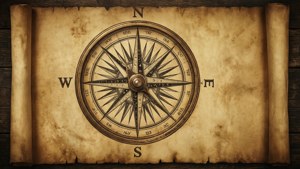 在木質表面上，一個舊黃銅指南針放在捲起的羊皮紙地圖上