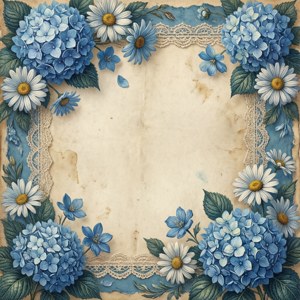 藍色繡球花和雛菊，蕾絲框架，舊羊皮紙背景。 — Tecno Phantom 壁紙