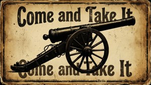 一個風化的標誌，上面有一個大炮和粗體字「Come and Take It」。