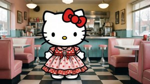Hello Kitty 卡通角色穿著紅色圓點連衣裙，站在有粉紅色卡座的復古餐廳裡。