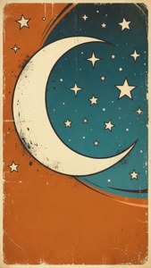 復古垃圾風格插圖，新月和星星在橙色和藍綠色背景上