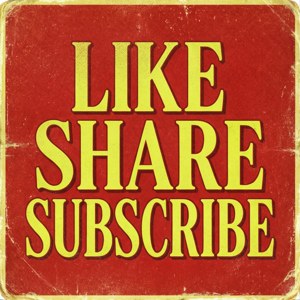 紅色復古標誌，黃色文字寫著 like share subscribe