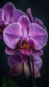 一朵紫色蘭花，花瓣上有水滴，襯托在深色背景上。