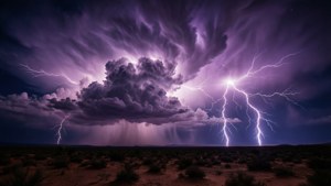 夜間沙漠上空的紫色暴風雨雲和閃電