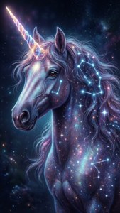 一隻擁有發光角和星塵鬃毛的獨角獸，背景是鮮豔的宇宙星雲。