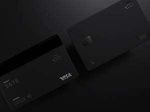 兩張黑色Visa信用卡，帶有鬍子標誌，背景為深色。