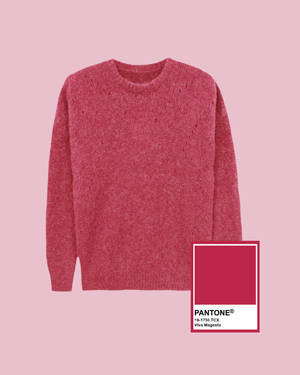 洋紅色針織毛衣搭配 Pantone 色票，置於粉彩粉紅色背景上。