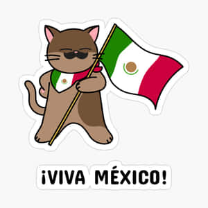 一隻卡通貓舉著帶有「¡VIVA MÉXICO!」文字的墨西哥國旗。