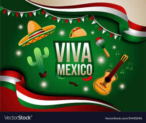 Viva Mexico 節日設計，包含文化圖標和彩色絲帶。 — 墨西哥 GIF 壁紙