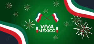 Viva Mexico 慶祝圖案，帶有旗幟和煙花，背景為綠色。 — 墨西哥 GIF 壁紙