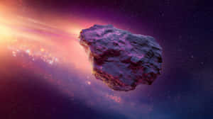 一顆岩石小行星漂浮在色彩繽紛的星雲中，充滿了星星和發光的宇宙塵埃。