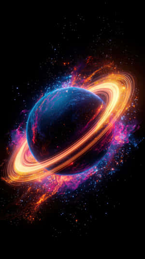 一顆藍色行星帶有發光的橙色環，被色彩繽紛的宇宙雲和星星環繞