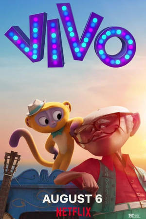 Vivo 電影海報中的動畫角色，帶有發光標題和夕陽背景。
