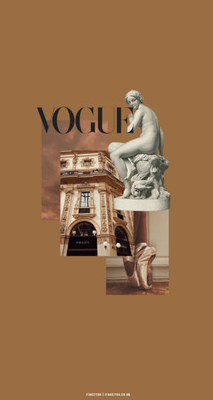 時尚拼貼畫，包含 Vogue 文字、大理石雕像、Prada 建築物和芭蕾舞鞋。