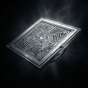 一個發光的幾何沙井蓋漂浮在黑暗煙霧中。