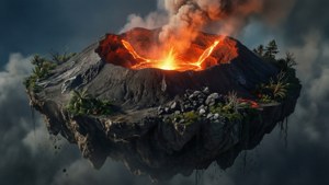 漂浮的火山島噴發熔岩和煙霧，被雲層環繞