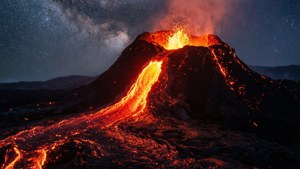 火山在夜間爆發，熾熱熔岩在星空下流動，銀河系可見