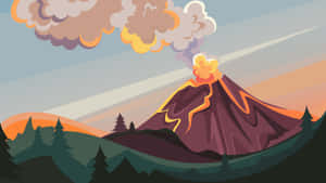 日落時分，火山在松樹上方噴發熔岩和濃煙。