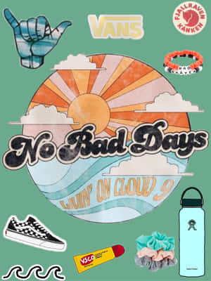 復古風格圖案，帶有太陽雲朵和滑板品牌貼紙，包括 Vans 和 Fjallraven Kanken。