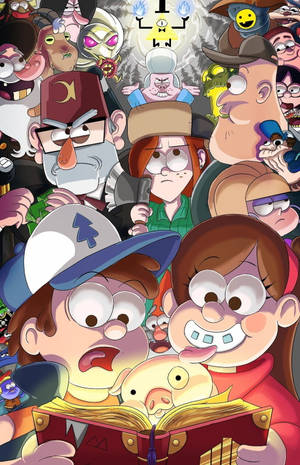 Dipper 和 Mabel 在卡通人物包圍下閱讀魔法書。